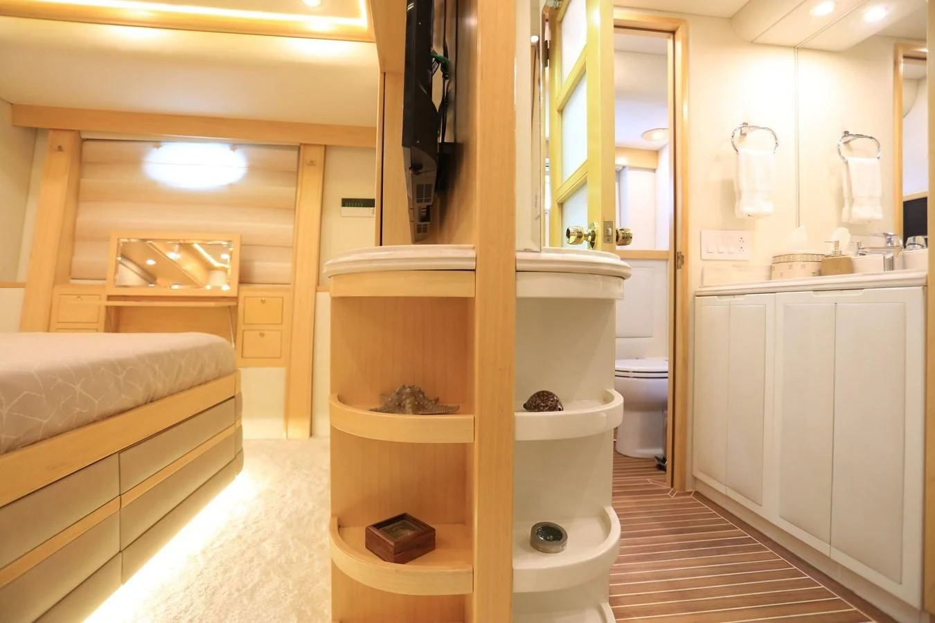 a bathroom with a wood shelf aboard FORTY LOVE Yacht for Charter