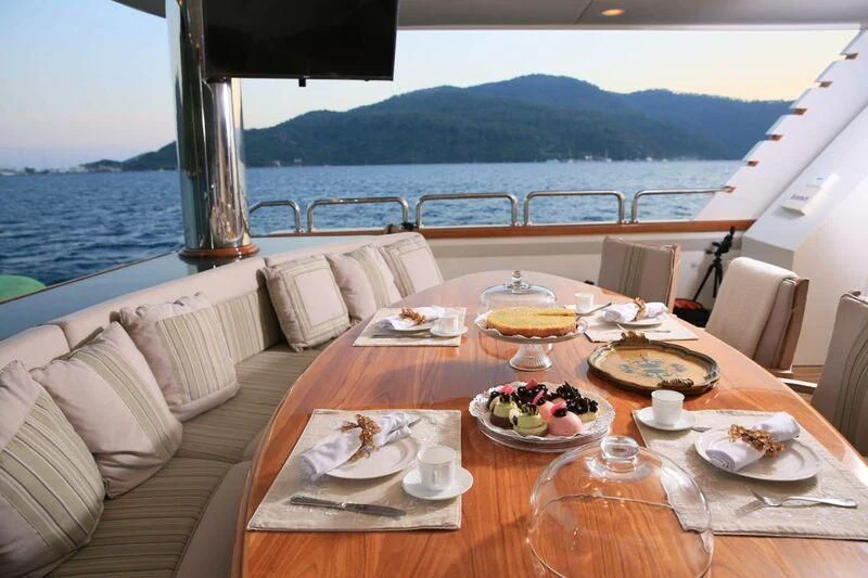 a table with food on it aboard FORTY LOVE Yacht for Charter