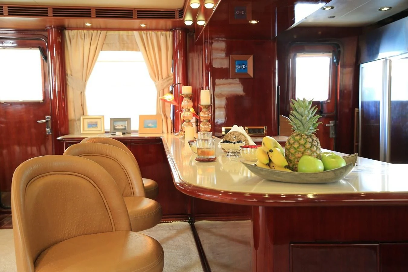 a table with fruit on it aboard FORTY LOVE Yacht for Charter