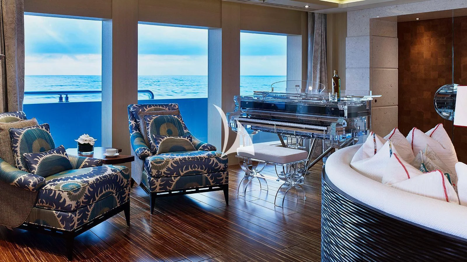 a living room with a large window aboard DRAAK Yacht for Sale