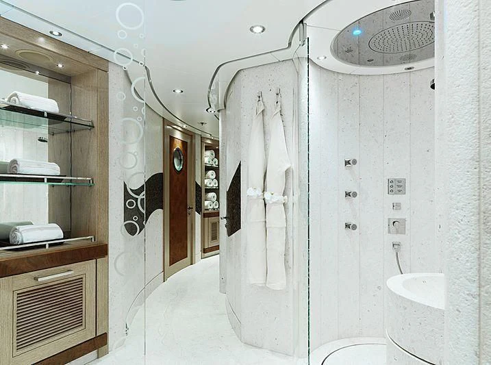 a bathroom with a shower aboard DRAAK Yacht for Sale