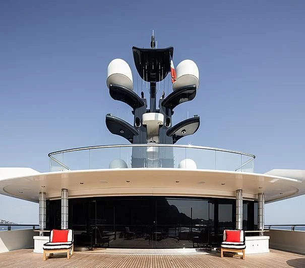 a large metal structure with a satellite dish on top aboard DRAAK Yacht for Sale