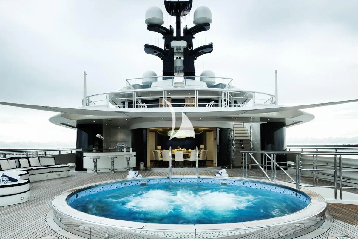 a large white cruise ship aboard DRAAK Yacht for Sale