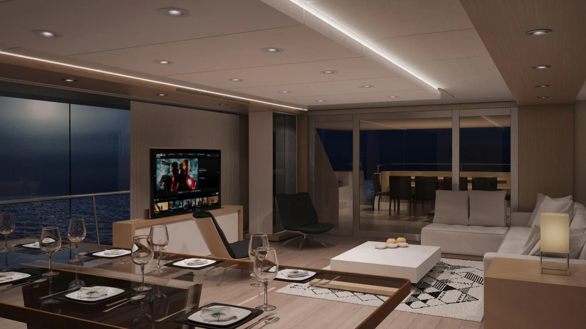 a large living room with a large screen aboard LADY STEFANI Yacht for Sale