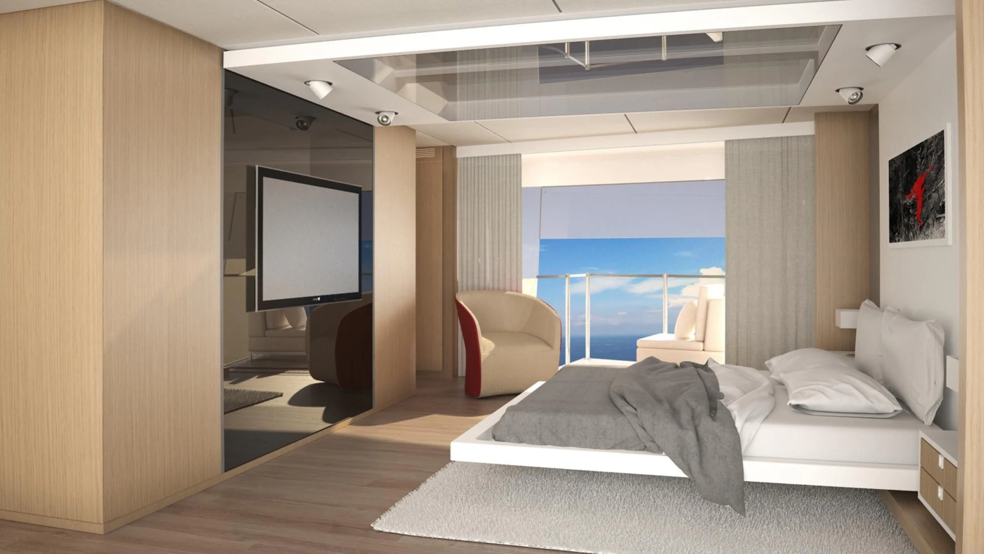 a room with a bed and a tv aboard LADY STEFANI Yacht for Sale