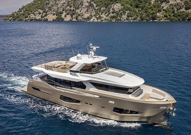 a white yacht on the water aboard LADY STEFANI Yacht for Sale