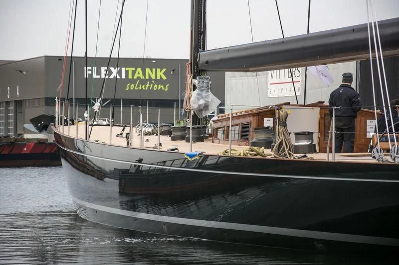 a boat docked at a pier aboard SVEA Yacht for Sale