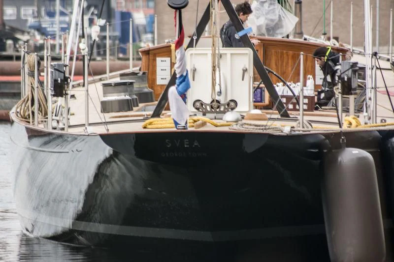 a boat with a white cover aboard SVEA Yacht for Sale