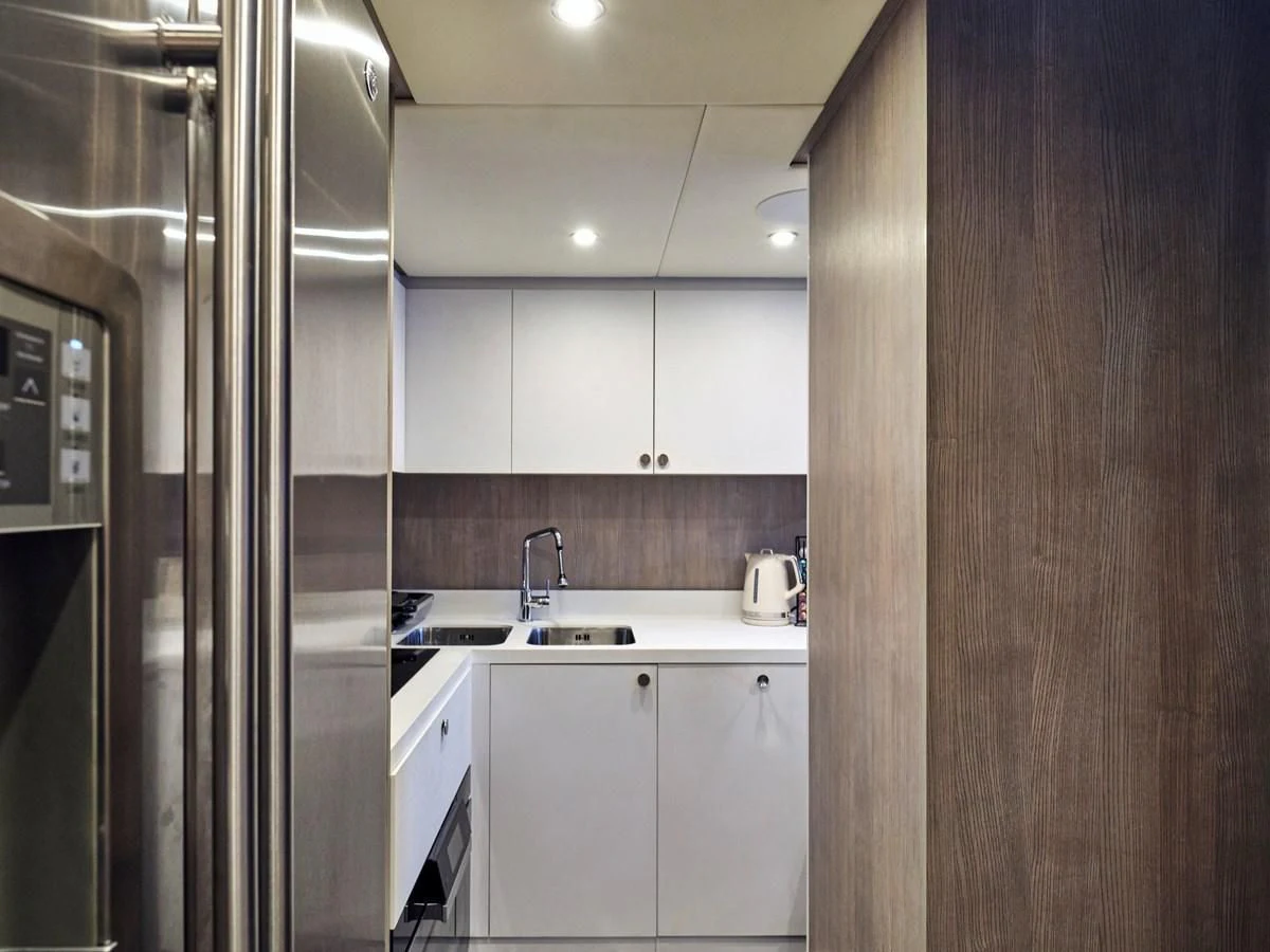 a bathroom with a glass shower aboard D FIVE Yacht for Sale