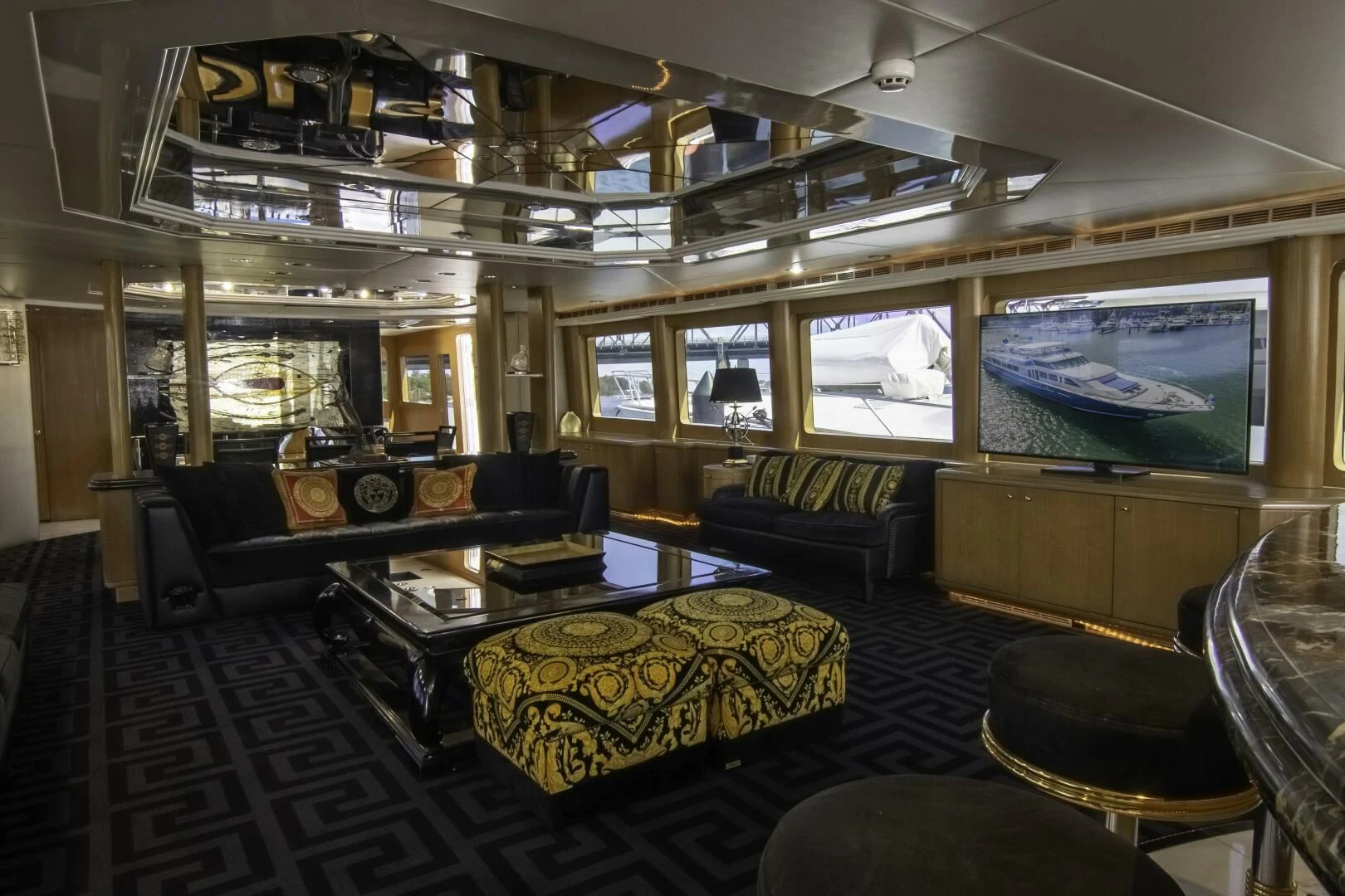 a living room with a large window aboard LADY AUDREY Yacht for Sale