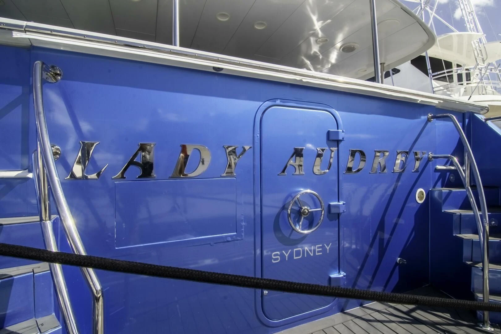 a blue train car aboard LADY AUDREY Yacht for Sale