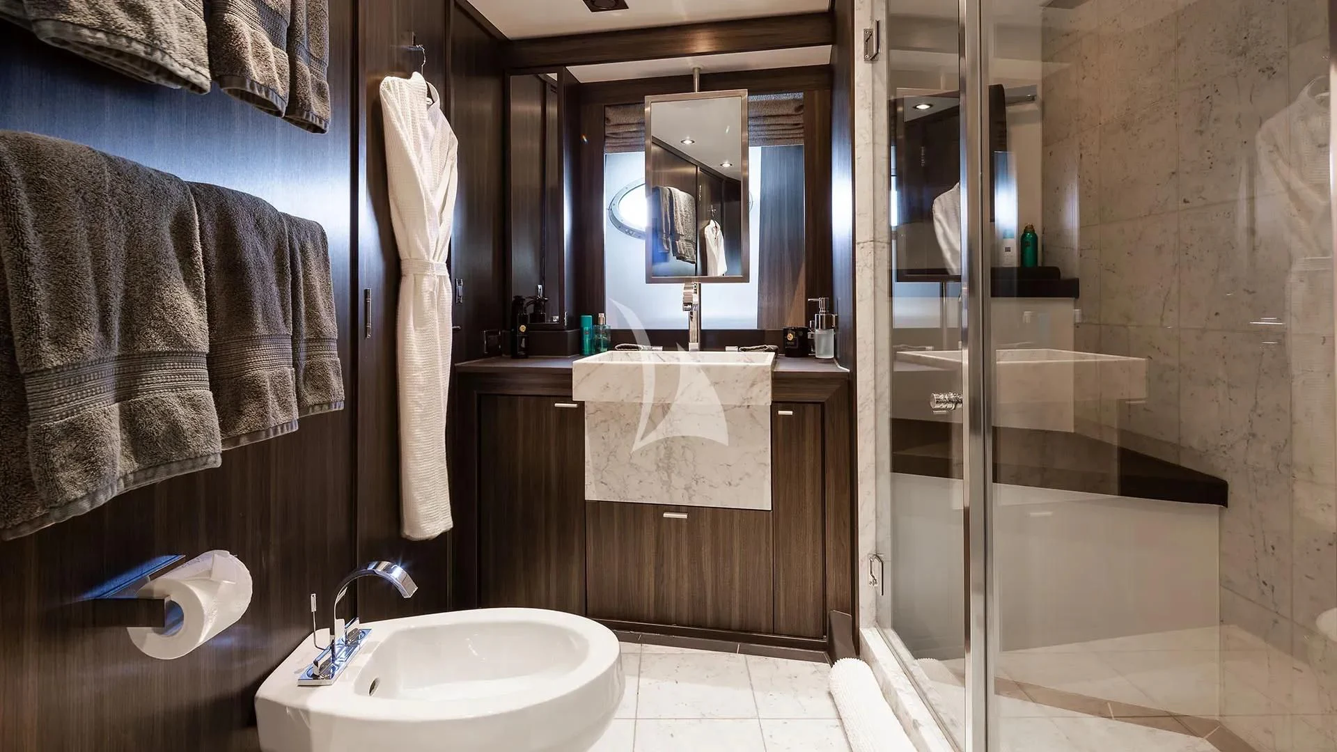 a bathroom with a sink and a mirror aboard BAGHEERA Yacht for Charter