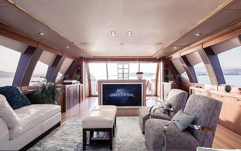 a living room with a large television aboard BAGHEERA Yacht for Charter