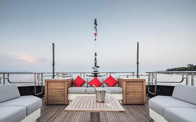 a deck with a view of the ocean and a beach aboard BAGHEERA Yacht for Charter