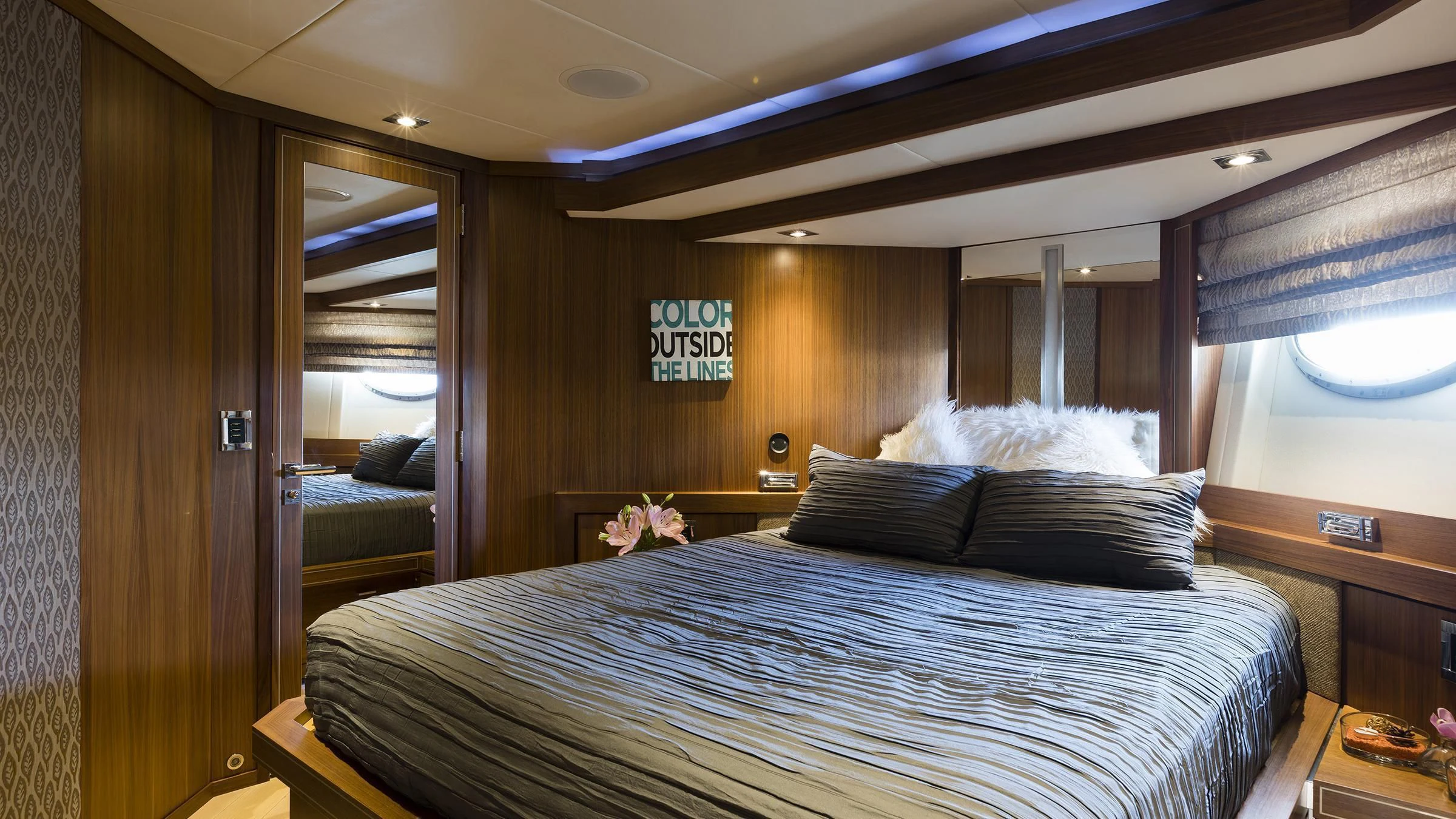 a bed in a room aboard BAGHEERA Yacht for Charter