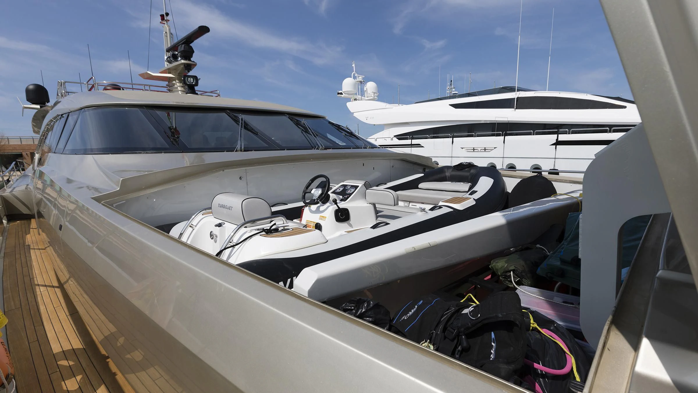 a boat with a motor attached to it aboard BAGHEERA Yacht for Charter