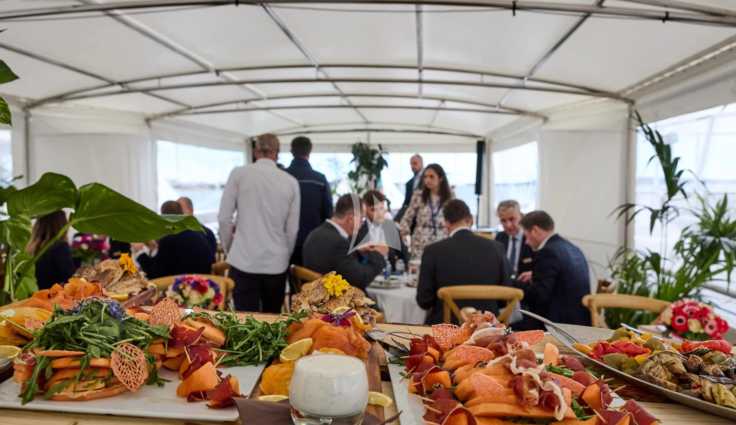 a group of people at a buffet aboard LADY JERSEY Yacht for Charter