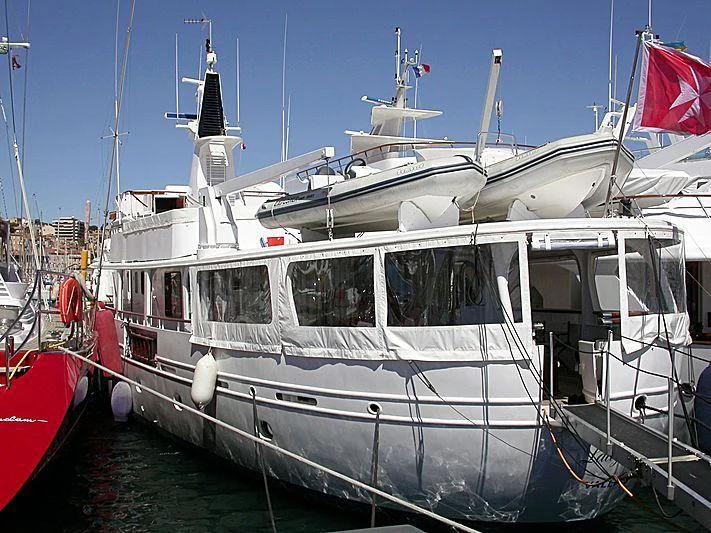 a boat docked at a pier aboard LADY JERSEY Yacht for Charter
