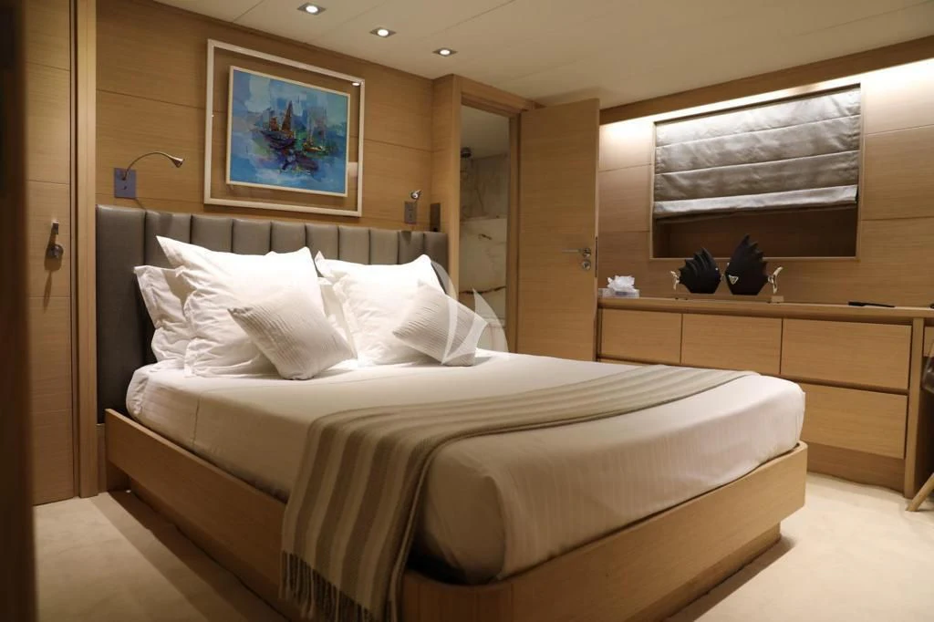 a bed in a room aboard LADY JERSEY Yacht for Charter