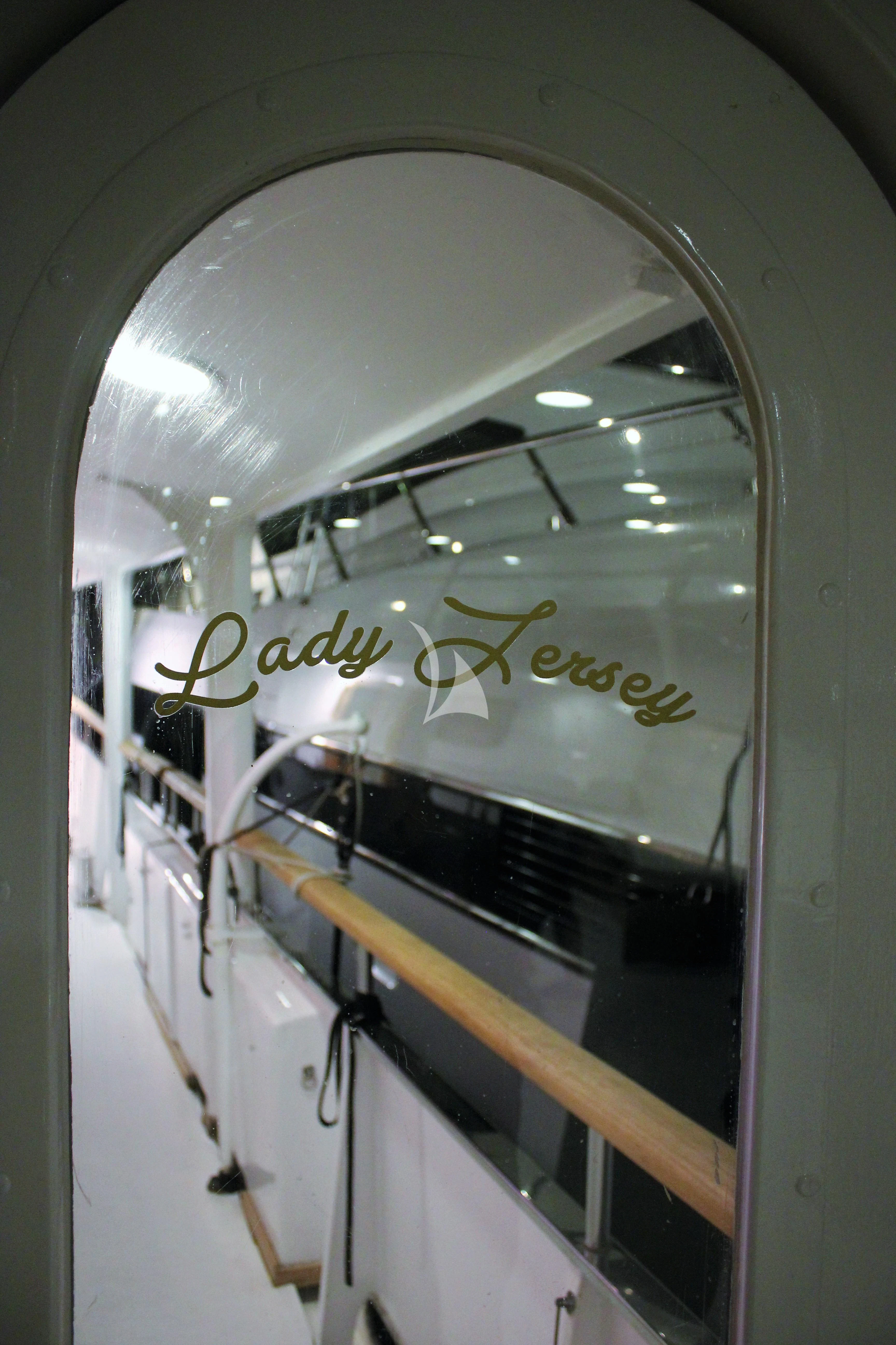 a large metal object with a sign on it aboard LADY JERSEY Yacht for Charter