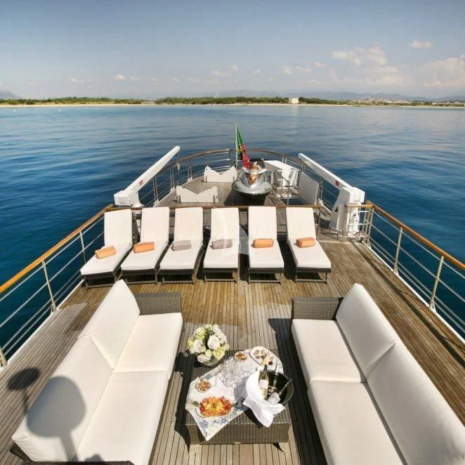 a deck with food on it aboard LADY JERSEY Yacht for Charter
