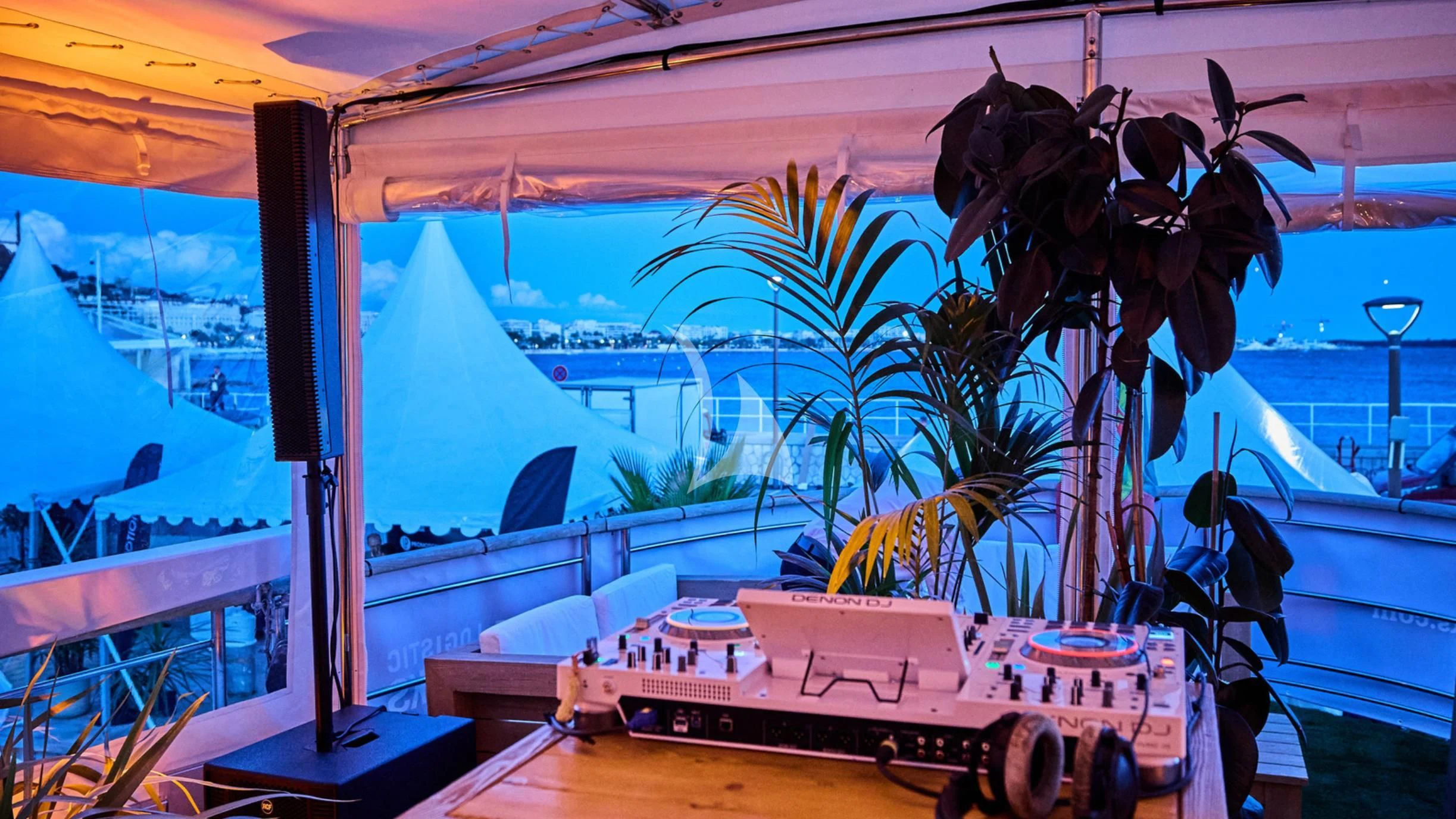 a room with a large glass window aboard LADY JERSEY Yacht for Charter