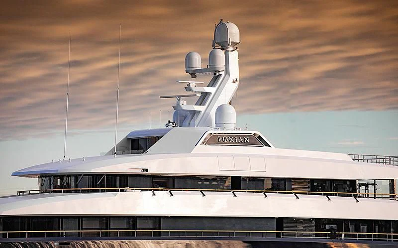 a large white building with a satellite on top aboard LONIAN Yacht for Sale