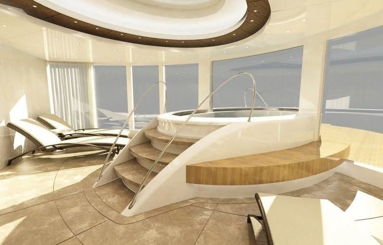 a modern looking room with a glass ceiling and a staircase aboard MARYAH Yacht for Sale