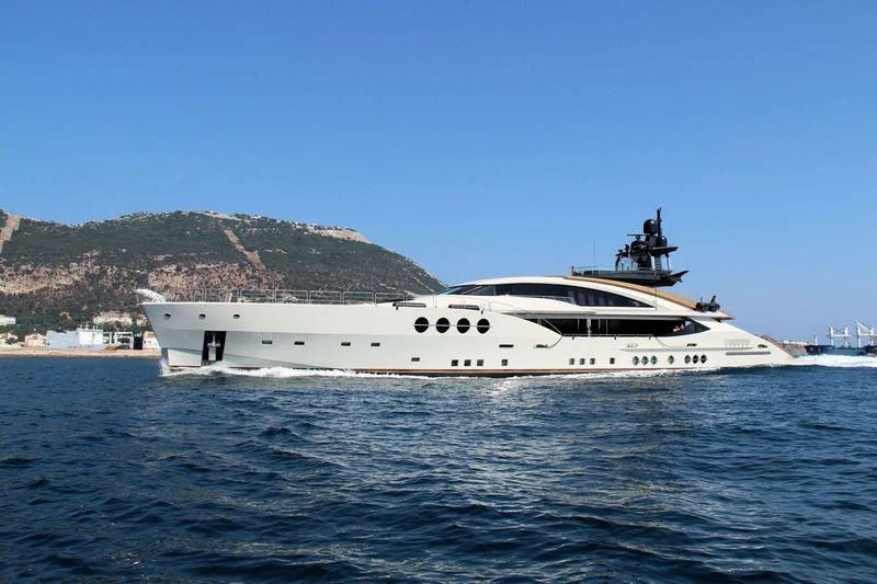a white yacht on the water aboard LADY M Yacht for Sale