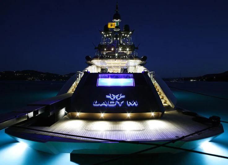 a large tower with a lit up dome on top aboard LADY M Yacht for Sale