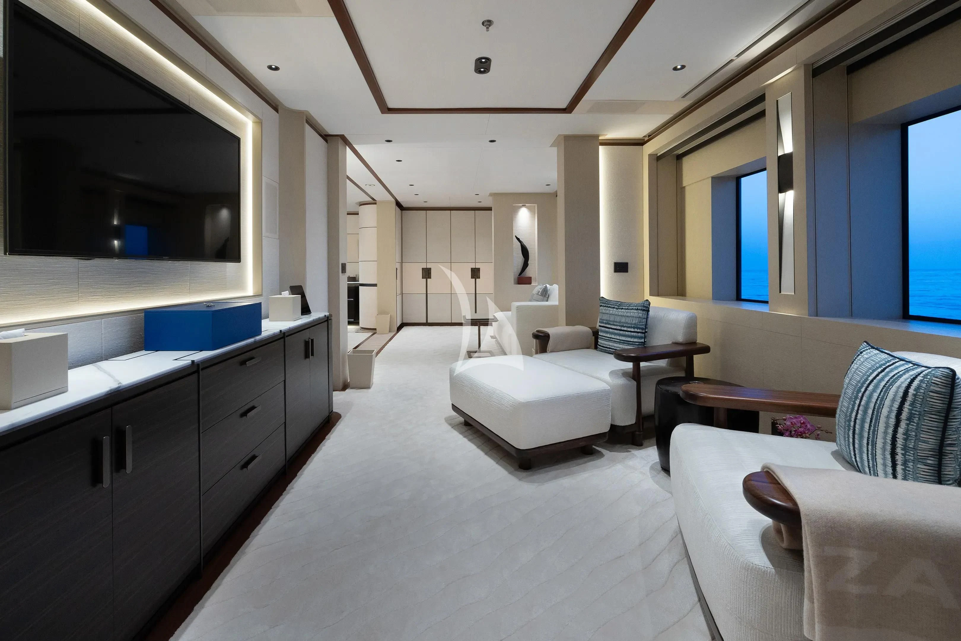 a large room with a bed and a desk aboard ZAZOU Yacht for Sale