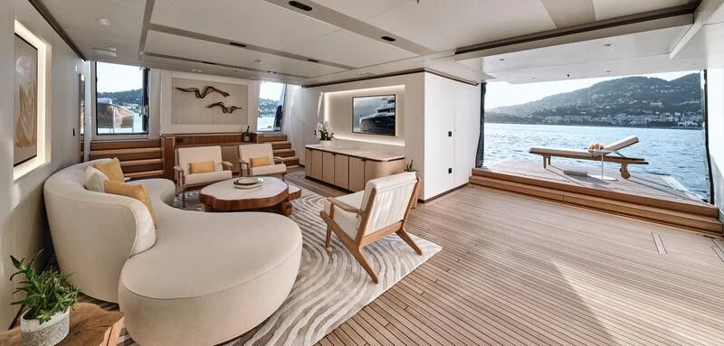 a living room with a large window aboard ZAZOU Yacht for Sale