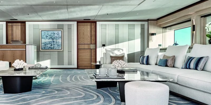 a modern looking living room aboard ZAZOU Yacht for Sale