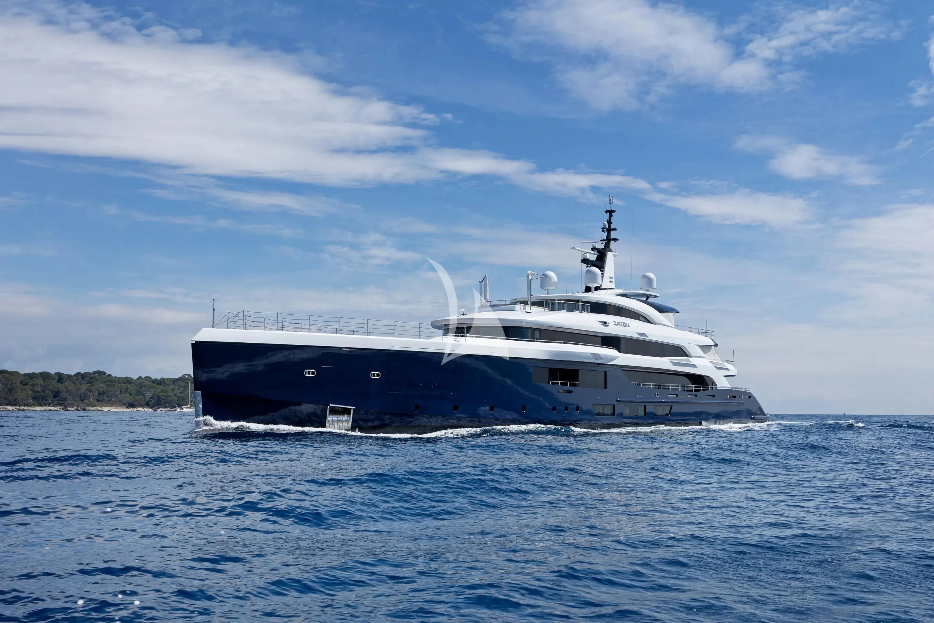 a large boat in the water aboard ZAZOU Yacht for Sale