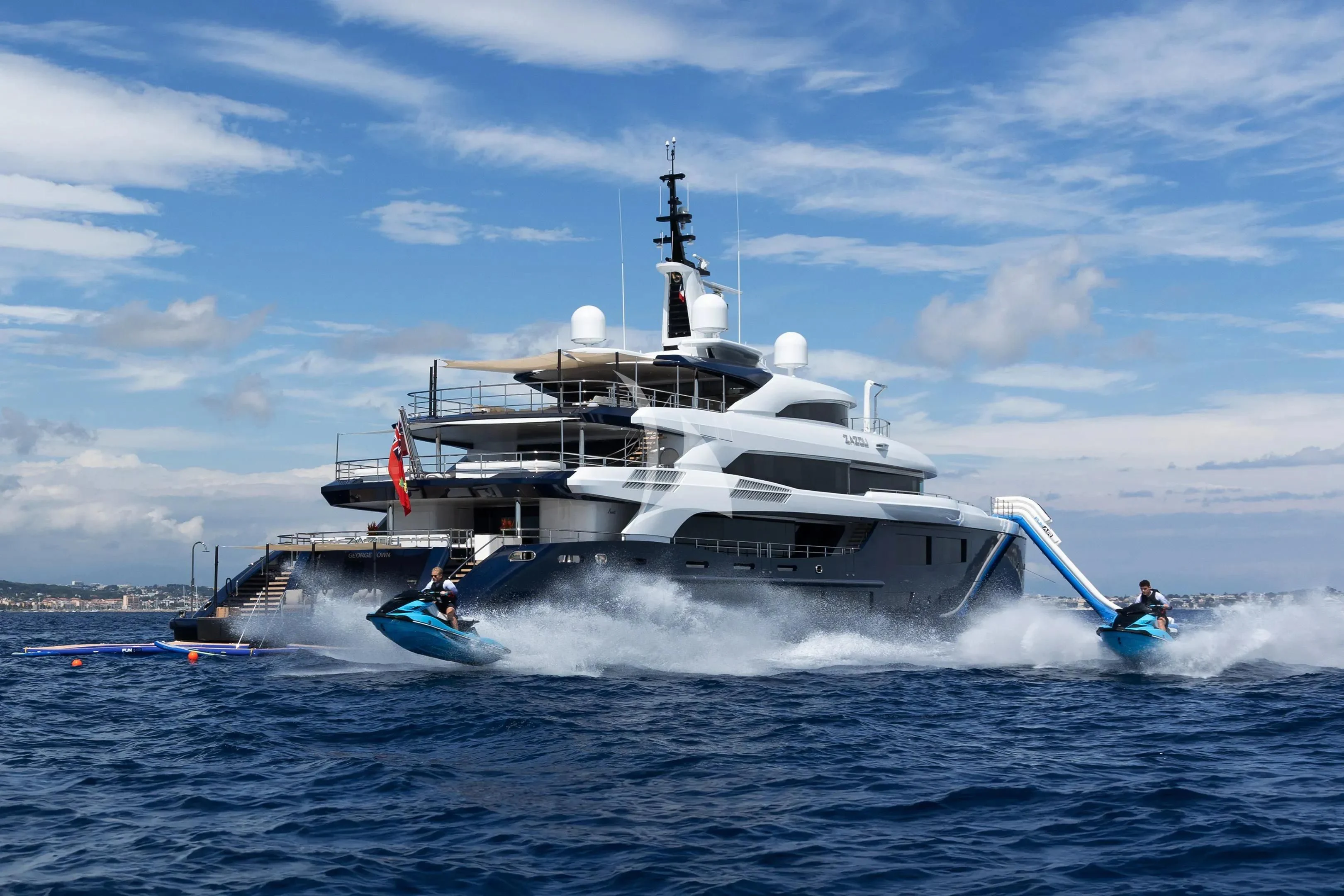 a large white boat on the water aboard ZAZOU Yacht for Sale