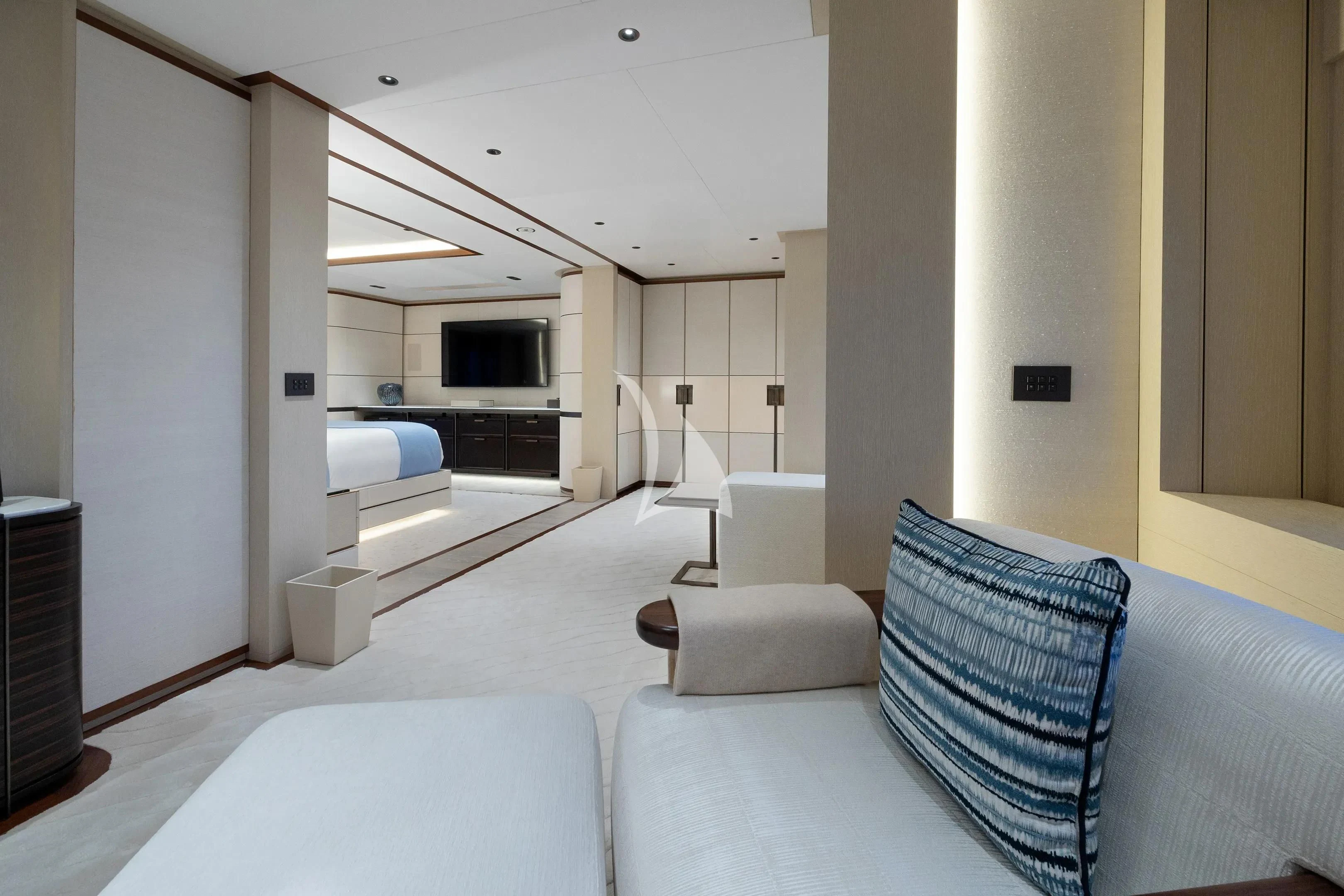 a living room with white furniture aboard ZAZOU Yacht for Sale