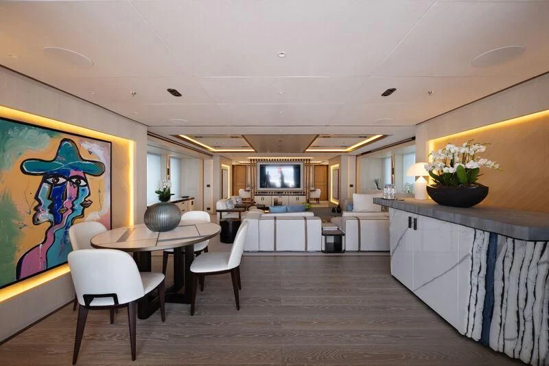 a large kitchen with a large island aboard ZAZOU Yacht for Sale