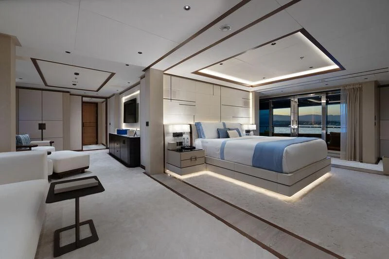 a room with a bed and a desk aboard ZAZOU Yacht for Sale