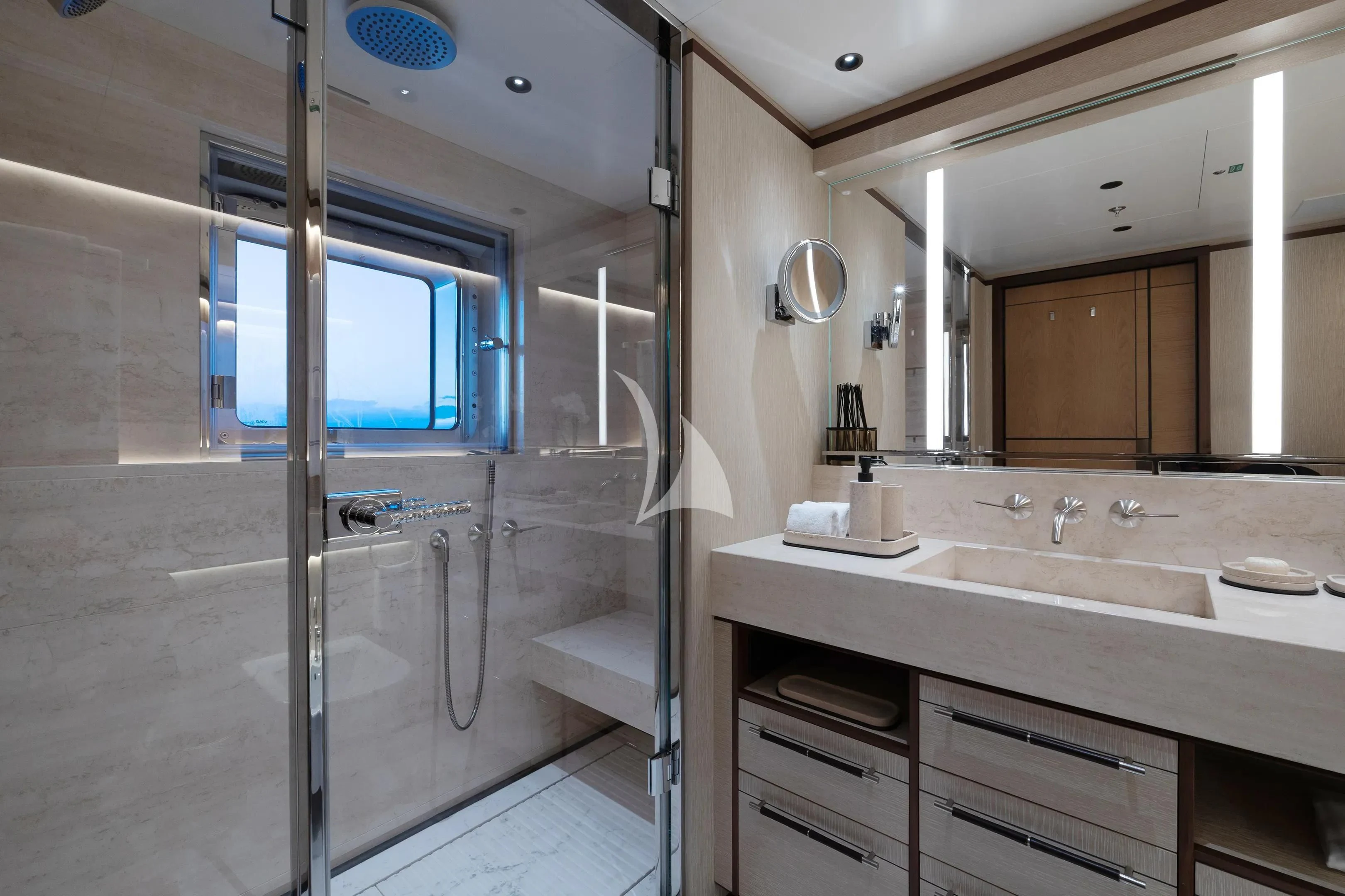 a bathroom with a glass shower aboard ZAZOU Yacht for Sale