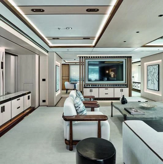 a living room with a large tv aboard ZAZOU Yacht for Sale