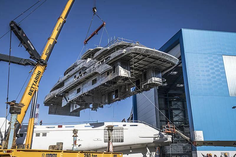 a large white boat with a crane aboard ZAZOU Yacht for Sale
