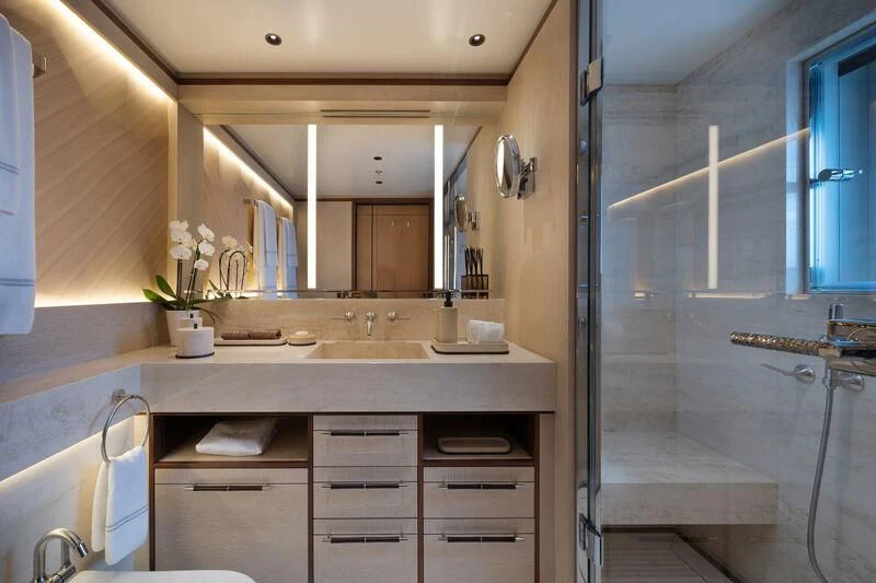 a bathroom with a sink and a mirror aboard ZAZOU Yacht for Sale
