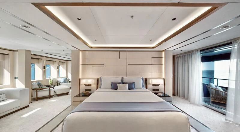 a large bedroom with a large bed aboard ZAZOU Yacht for Sale