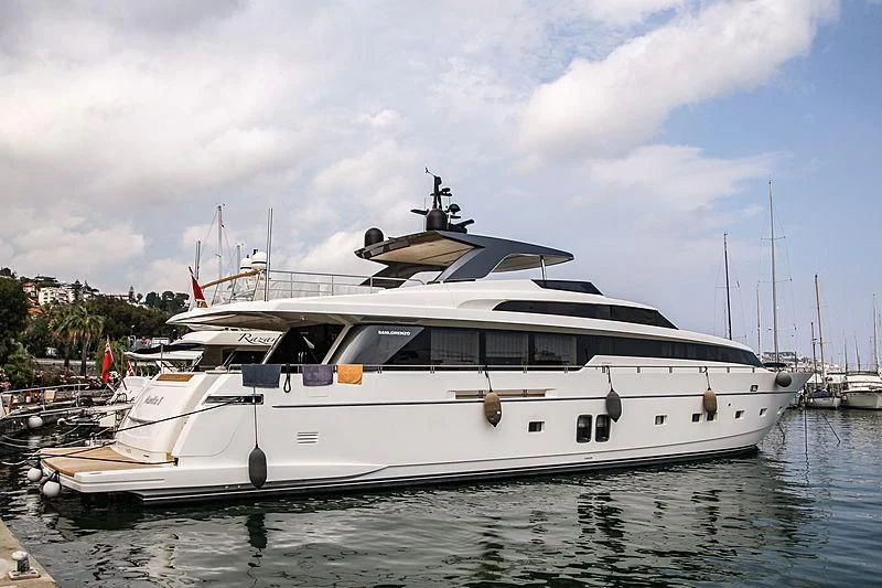 a white yacht docked aboard NEVER SAY NEVER Yacht for Sale
