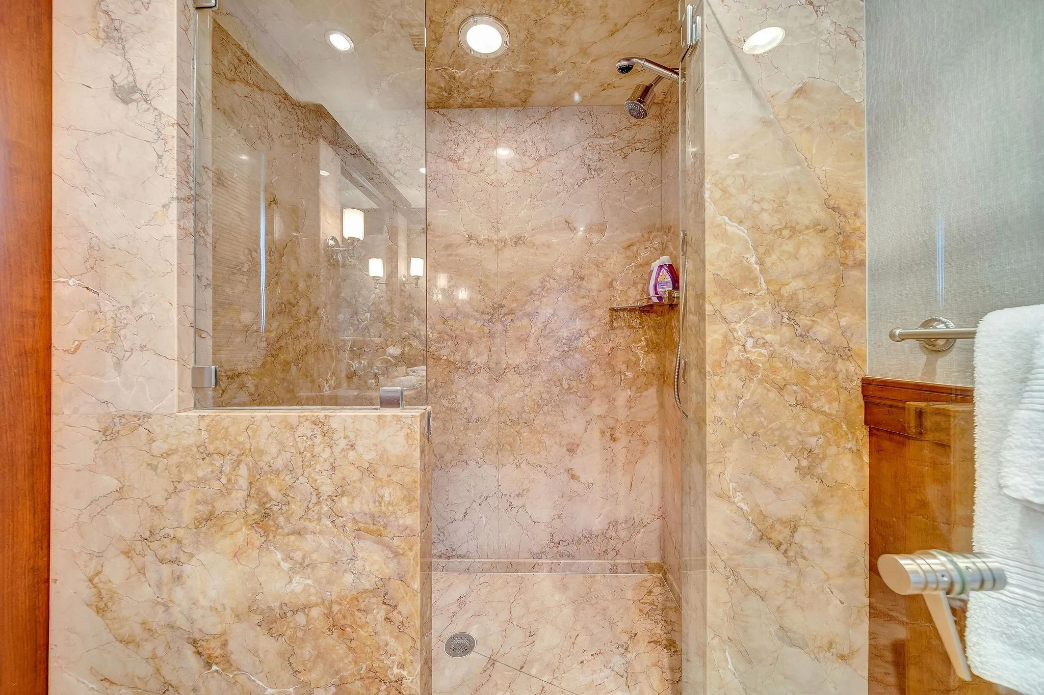 a bathroom with a shower aboard VALHALLA Yacht for Sale