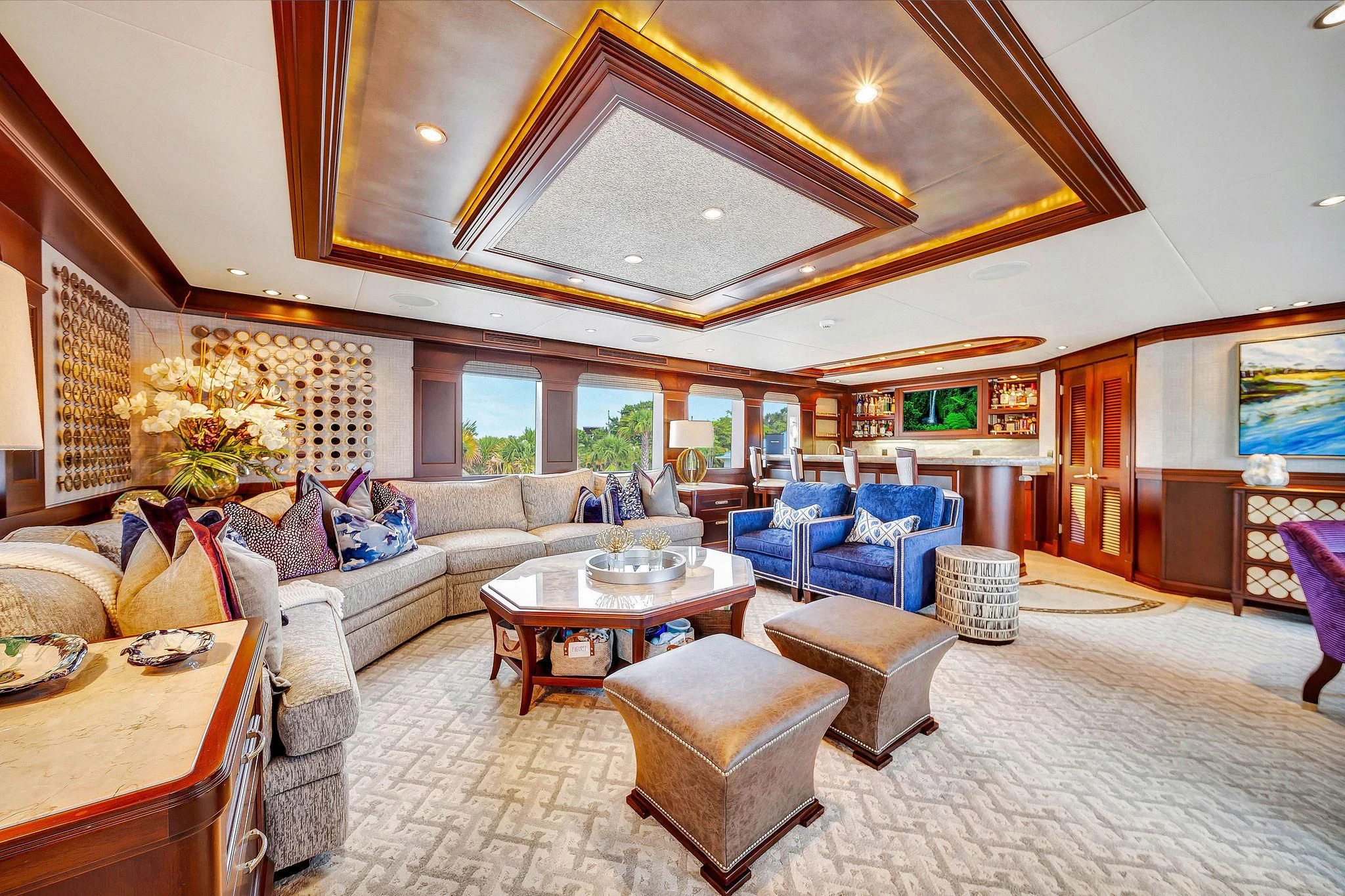 a living room with a large mirror aboard VALHALLA Yacht for Sale