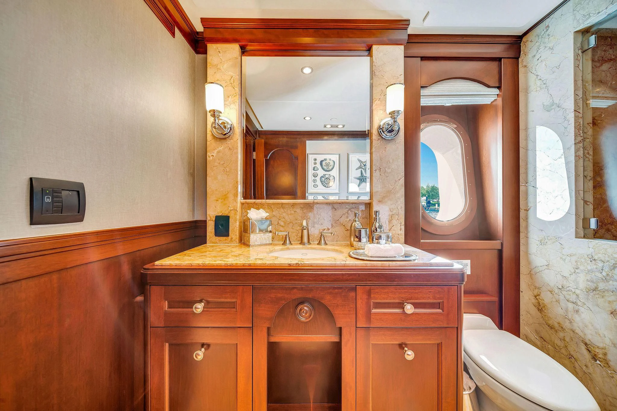 a bathroom with a large mirror aboard VALHALLA Yacht for Sale