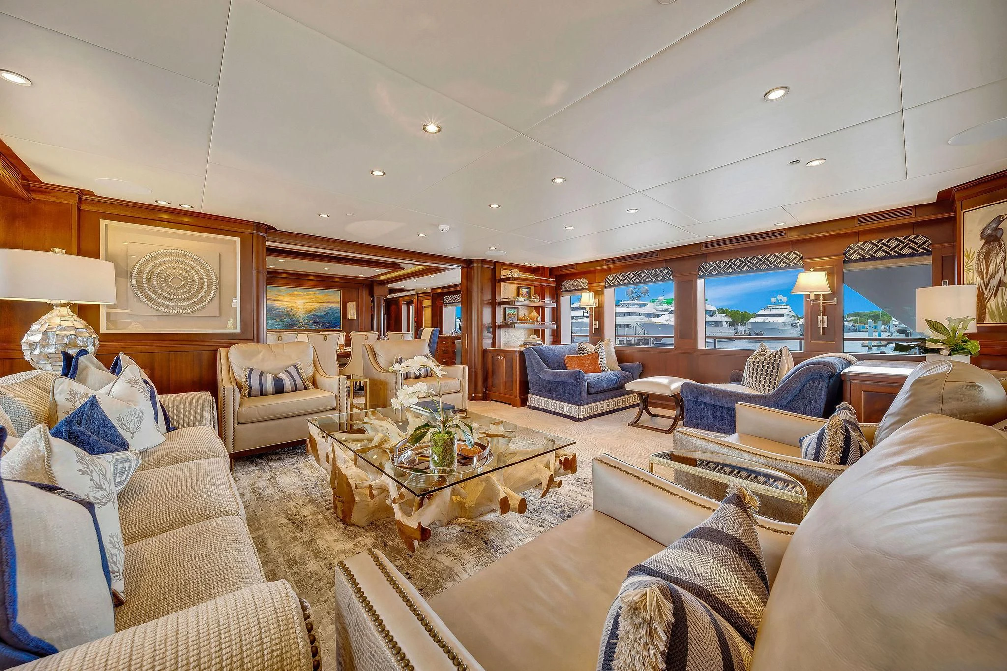 a living room with a large window aboard VALHALLA Yacht for Sale