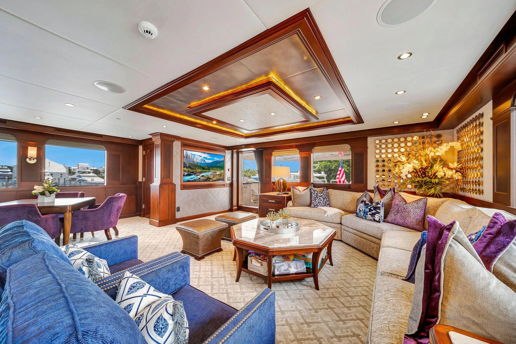 a living room with a large ceiling aboard VALHALLA Yacht for Sale