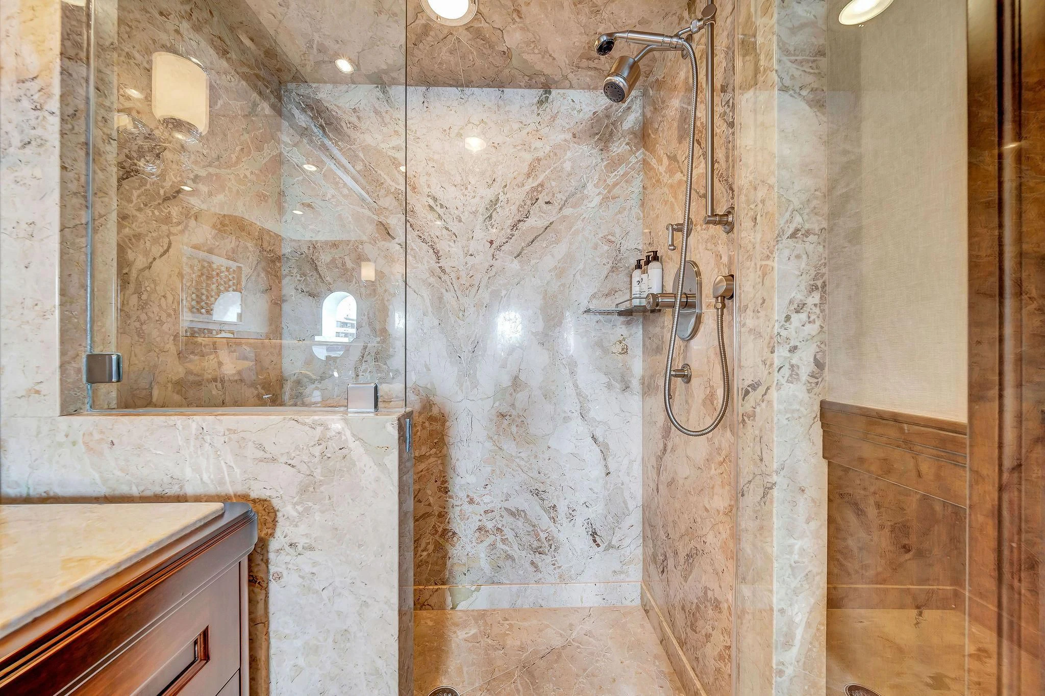 a bathroom with a shower aboard VALHALLA Yacht for Sale